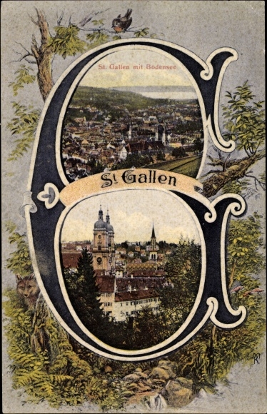 Letters Postcard Sankt Gallen Stadt Schweiz, letter G, general view with Lake Constance