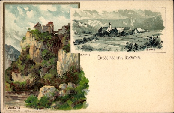 Artist Chromo-Litho mother, K., Beuron Württemberg, greetings from the Danube valley, Wildenstein