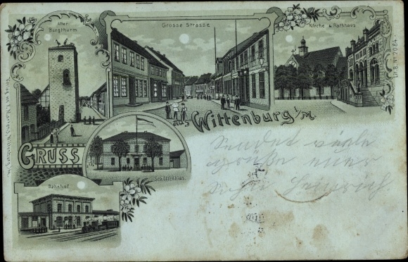 Moonlight Chromo-Litho Wittenburg in Mecklenburg, church, town hall, large street, train station, track side