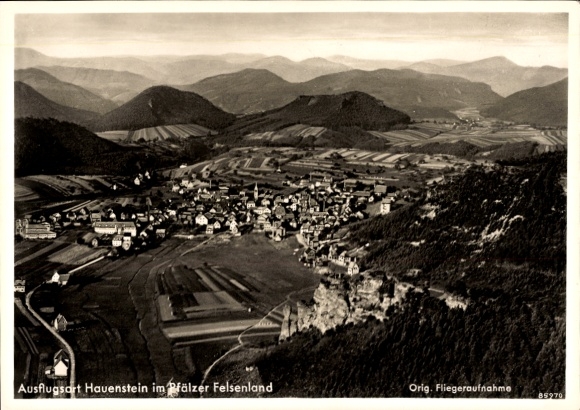 Postcard Hauenstein in the Palatinate, aerial photograph of the Palatinate Rock Country, landscape photograph