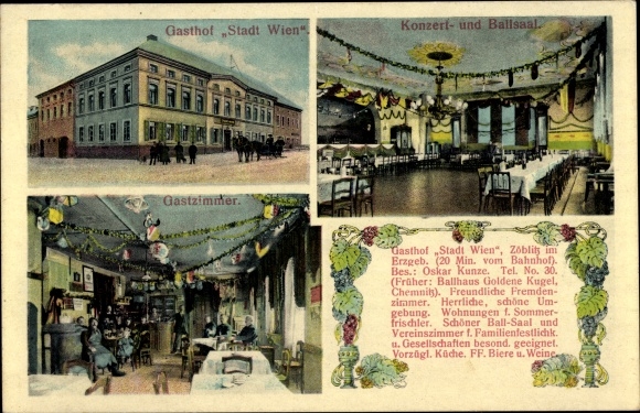 Postcard Zöblitz Marienberg in the Ore Mountains, Gasthof Stadt Wien, concert and ballroom, guest room