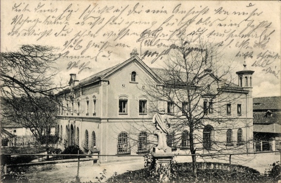 PC Dresden Neustadt, with view of a building, trees, statue, handwritten text