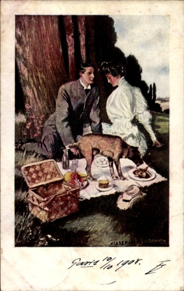 Kunstenaar Ak Underwood, Clarence, geliefden, picknick, hond, eten