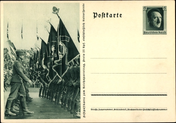 Postal stationery PC Nuremberg, Reich Party Rally 1937, Reich Labor Service, work men, RAD parade