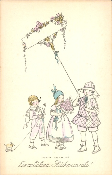 Artist Postcard Köhler, Mela, Happy Birthday, Children with Flowers