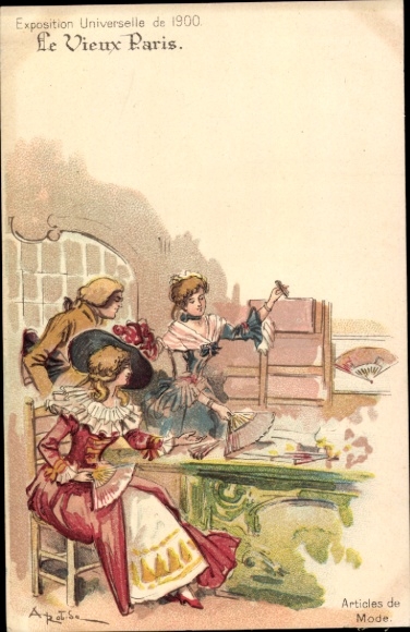Artist Chromo-Litho Robida, Old Paris, Expo 1900, Guerin Boutron Chocolate, Fashion Items