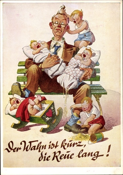 Artist Postcard Delusion is short, regret is long, man with many children