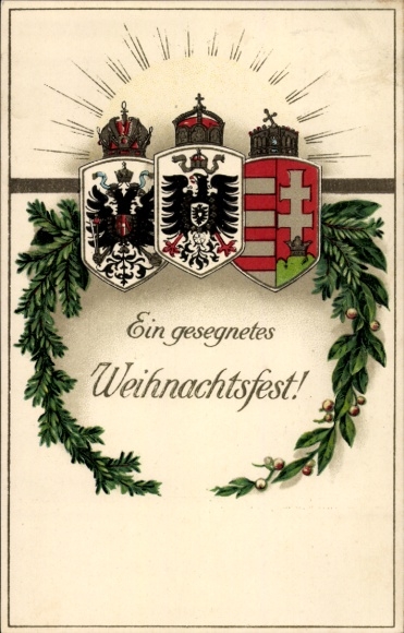 Wapenschild ak Vrolijk Kerstfeest, maretak, dennentakken, patriottisme 1. WK