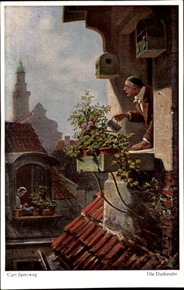 Artist Postcard Spitzweg, C., Attic, Man watering flowers