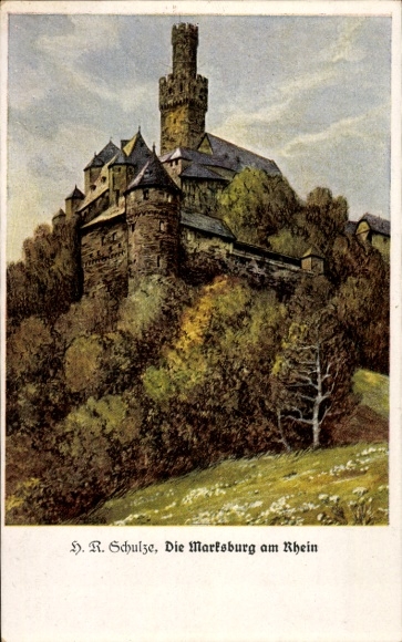 Artist Postcard Schulze, HR, Braubach Rhein, view of the Marksburg, tower