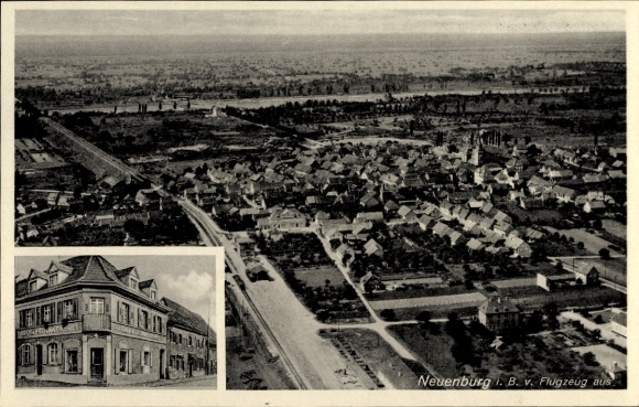 Postcard Neuenburg am Rhein Baden, aerial photograph, coffee and pastry shop by E. Wehrle
