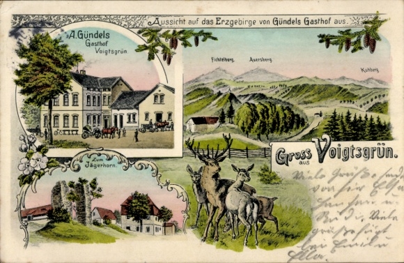 Postcard Voigtsgrün Hirschfeld in Saxony, Gasthof A. Gündels, Erzgebirge, landscape, hills, deer