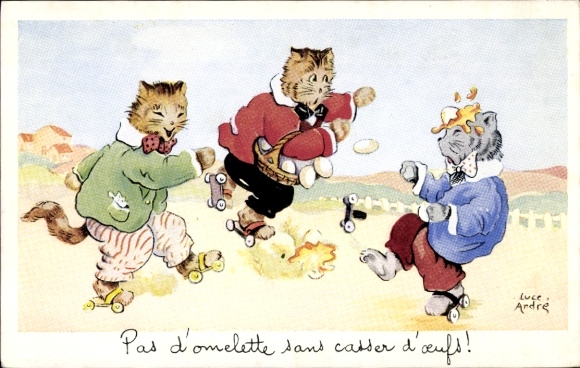 Artist Postcard André, Luce, Humanized cats on roller skates, basket with eggs