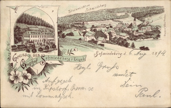 precursor Chromo-Litho Schmiedeberg Dippoldiswalde in the Ore Mountains, total view, Gasthof Schmiedeberg