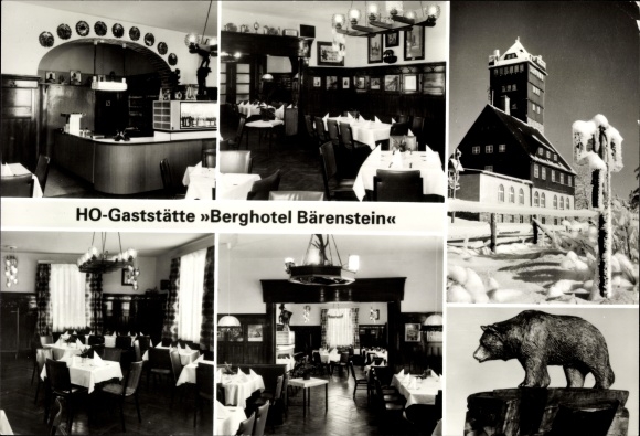 Postcard Bärenstein in the Ore Mountains, HO-Gaststätte Berghotel Bärenstein, dining room, winter, Bär