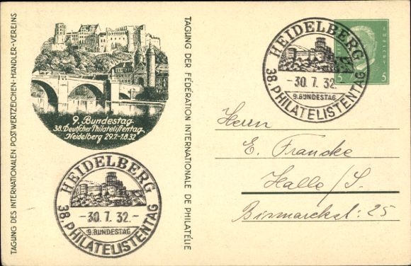 Papeteria pocztowa KP GS DR PP 117 C13 03, 38. Niemieckie Święto Filatelistów Heidelberg 1932
