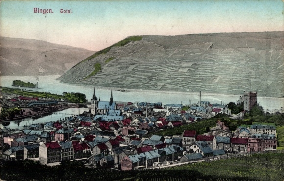 Postcard Bingen am Rhein, view of river, vineyards, churches, houses