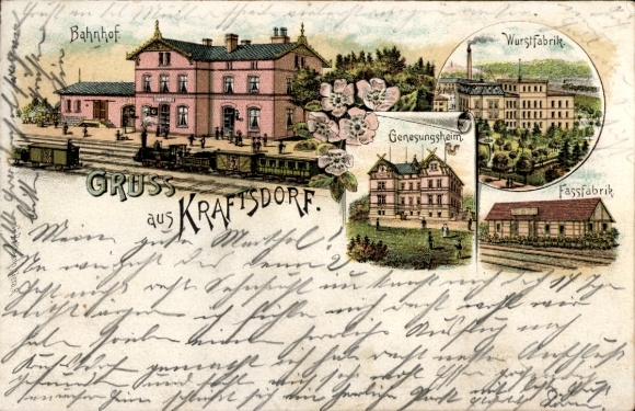 Chromo-Litho Kraftsdorf Thuringia, railway station, sausage factory, convalescent home, barrel factory