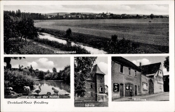 Ak Dortelweil Bad Vilbel in Hessen, algemeen beeld, school, gemeentehuis, Nidda