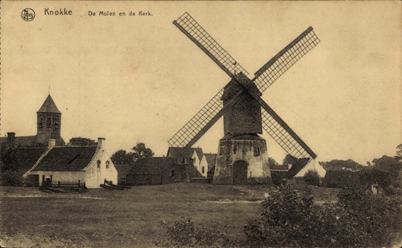 Postcard Knokke Heist West Flanders, De Molen en de Kerk, windmill, church