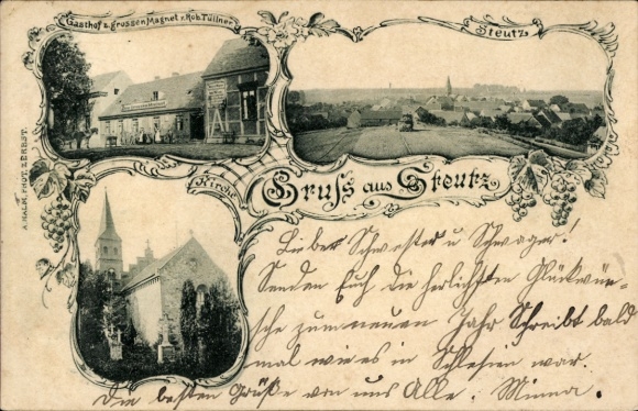 Postcard Steutz Zerbst in Anhalt, general view, church, inn "zum großen Magnet"