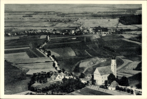Postcard Wemding in Schwaben, aerial photograph, church
