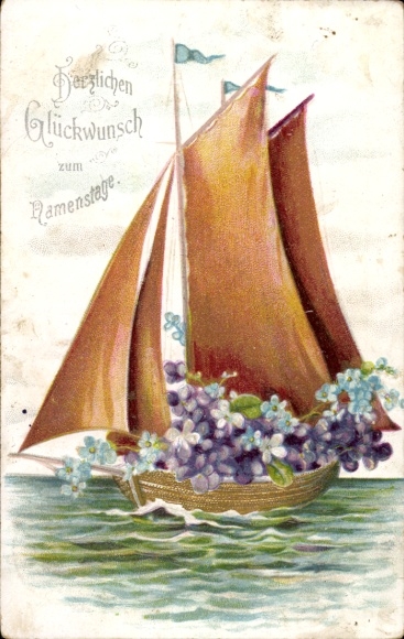 Postcard Happy Name Day, Sailboat with Flowers