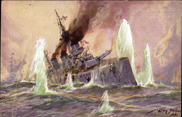 Artist PC Stöwer, Willy, Naval Battle North Sea 1915, English battle cruiser, German cruiser