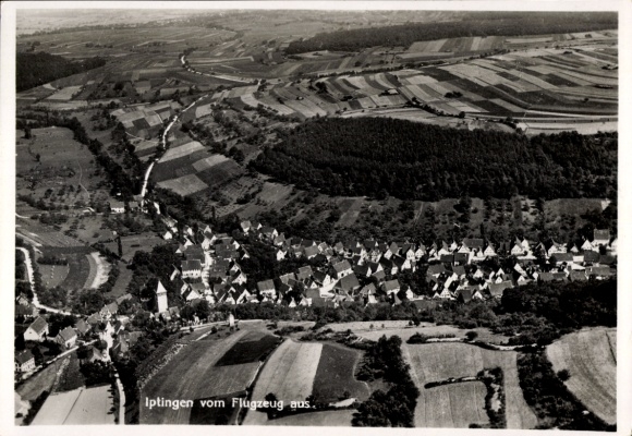Postcard Iptingen Wiernsheim in Württemberg, aerial photograph of landscape with fields and forests