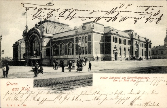 Postcard Kiel, New Station on the inauguration day, 31 May 1899, historical architecture, many people