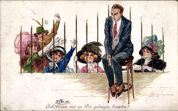 Artist Postcard Spurgin, Fred, Man in Animal Cage, Women, Oh if we could get to you