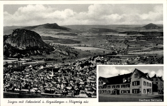 Ak Singen Hohentwiel Baden Württemberg, Hegauberge, Gasthaus Germania, Fliegeraufnahme