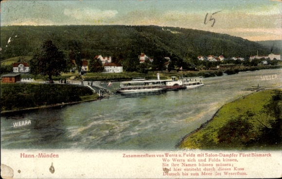 Postcard Hann. Münden in Lower Saxony, confluence of Werra and Fulda, steamer prince Bismarck