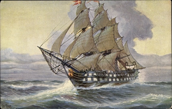 Artist Postcard Rave, Chr., Marine Gallery 61, Danish battleship Christian VII, mid 19th century