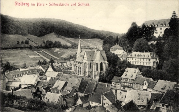 Postcard Stolberg im Harz, Castle Church and Castle