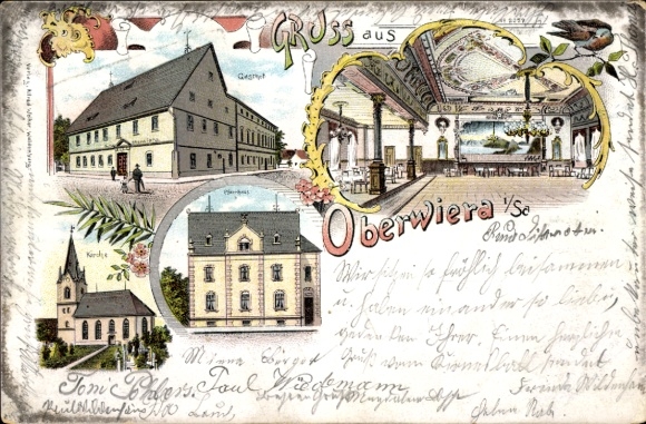 Chromo-Litho Oberwiera in Saxony, rectory, church, inn, interior view