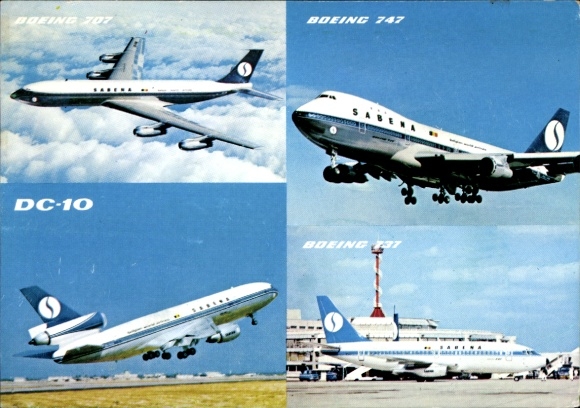 Postcard Douglas DC 10, Boeing 747, Boeing 737, passenger aircraft, Belgian airline Sabena