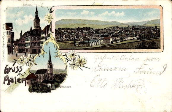 Chromo-Litho Aalen in the Ostalbkreis Württemberg, general view, town hall, Catholic church
