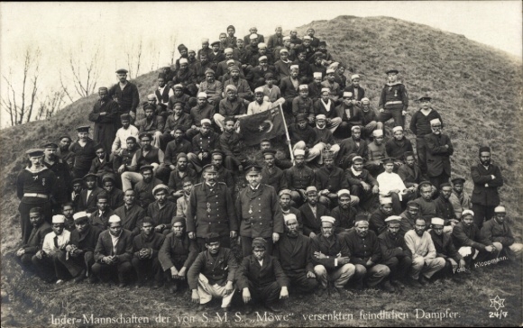 Postcard Indian crews of the enemy steamer sunk by SMS Möwe, poem Homecoming of the Seagull
