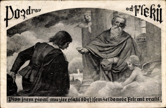 Postcard Man kneeling before a saint, angel