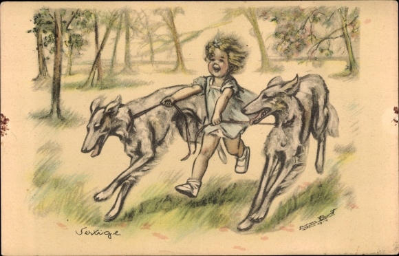 Artist PC Bouret, Germaine, girl runs through the park with two greyhounds