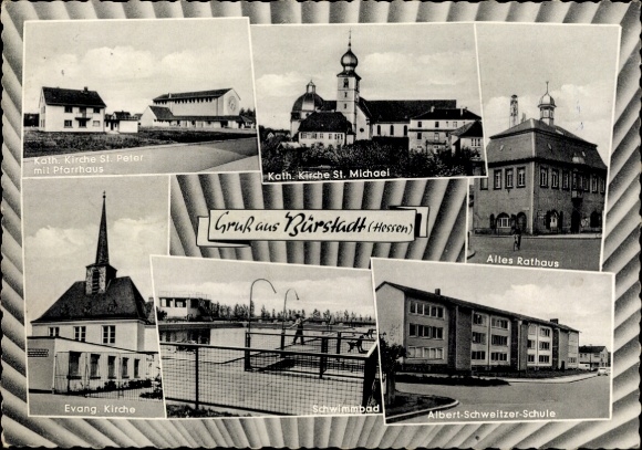 Postcard Bürstadt in Hesse, old town hall, swimming pool, Protestant church, rectory