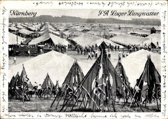 Postcard Nuremberg, Nazi Party Rally, SA Camp Langwasser, Flag Pyramids