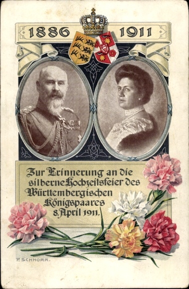 Artist Postcard Schnorr, King Wilhelm II of Württemberg, Queen Charlotte, Silver Wedding 1911, Coat of Arms