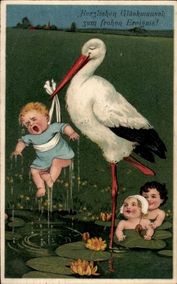 KP Stork przyniósł dzieci, płaczącego chłopca, staw, narodziny