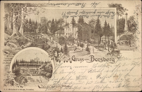 Chromo-Litho Dresden Schönfeld Weissig Borsberg, Borsberg mountain restaurant, park, column for measuring degrees