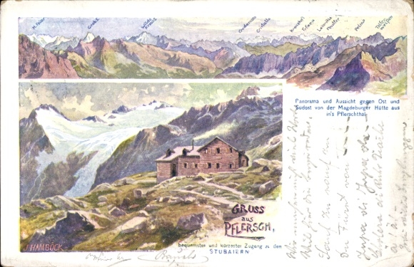 Artist Postcard Hamböck, J., Fleres Pflersch South Tyrol, general view, mountain hut