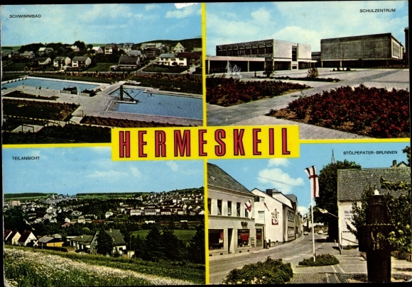 Postcard Hermeskeil in Rhineland-Palatinate, swimming pool, school center, Stölpepater fountain, partial view