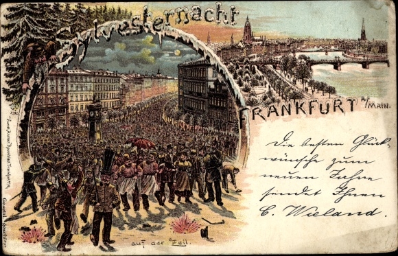 Winter Chromo-Litho Frankfurt am Main, Happy New Year, Auf der Zeil, city view, bridge, New Year's Eve