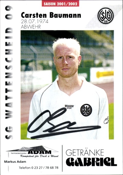 Autograph card footballer Carsten Baumann, SG Wattenscheid 09, autograph